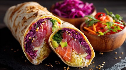Obraz premium Colorful Poke Burrito with Fresh Fillings and Tasty Sides