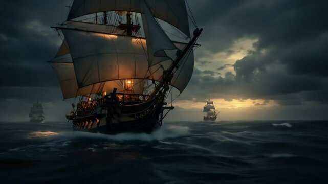 A majestic sailing ship or sailboat cruises the ocean at sunset, a nautical adventure on the water