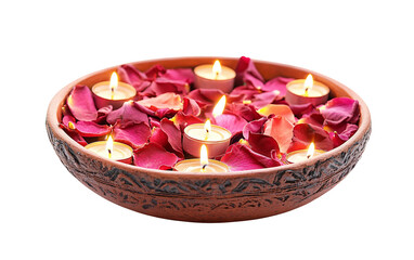 Traditional urli bowl showcasing fresh rose petals and softly glowing tea lights Isolated on Transparent Background PNG