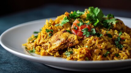 Delicious Chicken Biryani Garnished with Fresh Cilantro and Tomato
