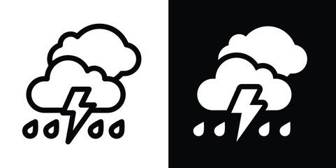 Weather Icon with Two Clouds, Lightning, and Rain: Stormy Climate Symbol
