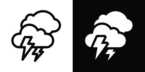 Weather Icon with Two Clouds and Lightning: Stormy Climate Symbol