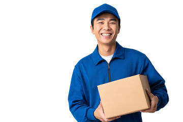 Cheerful Asian delivery man is holding a cardboard box while smiling The young man is wearing a blue uniform This image represents quick delivery service and customer satisfaction