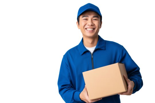 Cheerful Asian delivery man is holding a cardboard box while smiling The young man is wearing a blue uniform This image represents quick delivery service and customer satisfaction