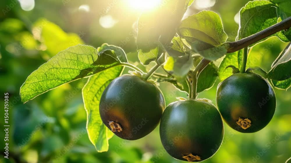 Poster close-up of three green kiwi fruits hanging from a tree branch