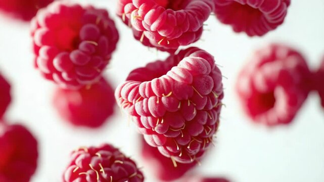 Fresh raspberries arranged on a clean white background