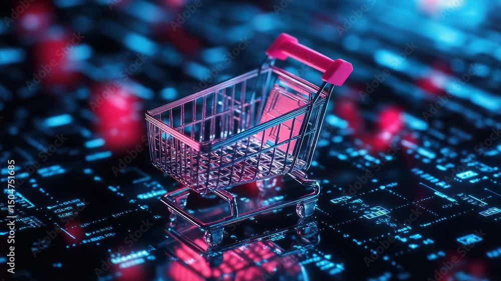 Poster a shopping cart icon sitting on top of a computer keyboard, possibly indicating digital shopping or 