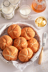 Homemade Kaiser buns with sesame for breakfast.
