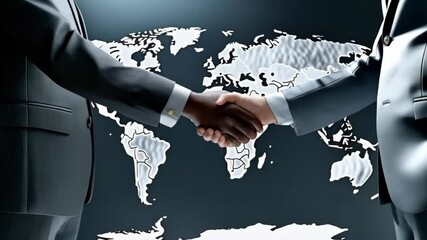 Diverse business handshake against world map backdrop representing international agreement and cooperation for global success - Powered by Adobe