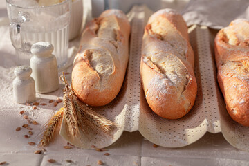 Homemade and tasty baguettes baked on baking tray.