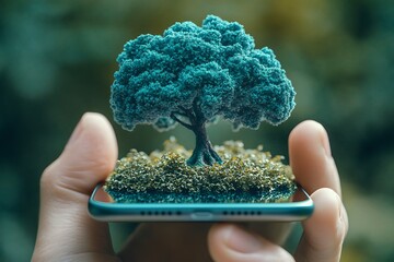 Teal Miniature Tree Hologram on Smartphone in Hand