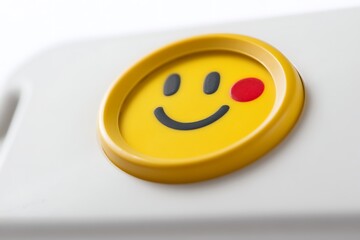 Imperfect Smiley: Yellow Button with Red Dot on White Background