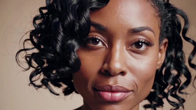 Close-up video portrait of a woman with curly hair, capturing a natural and confident expression. Shot from a straight-on camera angle.