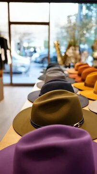 Display of colorful felt hats lined up in boutique shop with blurred customer looking in background