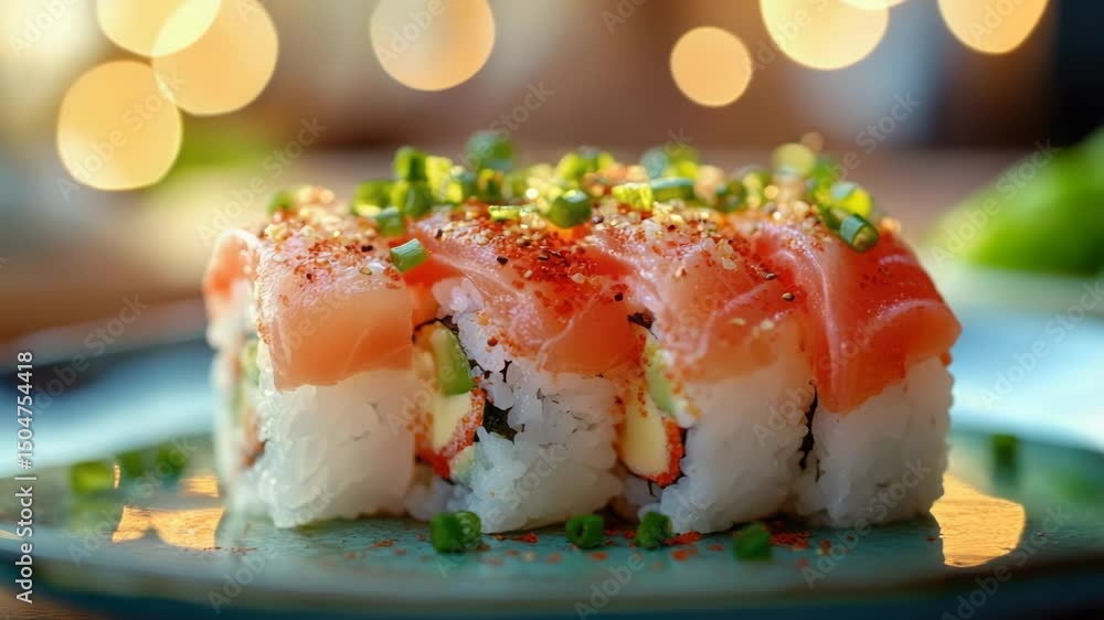Poster A close-up view of a plate of sushi, ready to be served