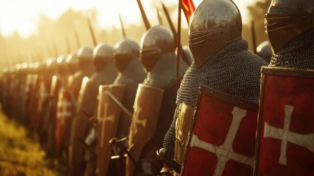 A line of armored knights, medieval warfare scene, battle formation