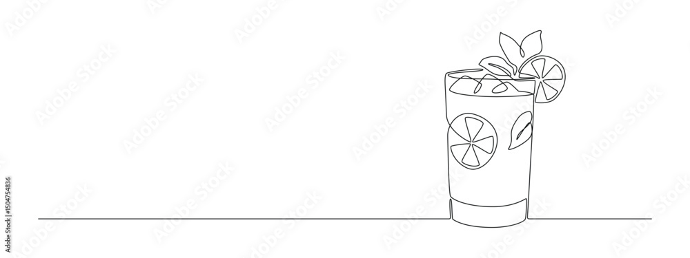 Leinwandbilder Glass of cocktail in continuous one line drawing. Mojito and beverage bar in simple linear style. Alcohol drink menu in editable stroke. Doodle oneline vector illustration