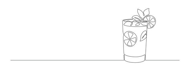 Glass of cocktail in continuous one line drawing. Mojito and beverage bar in simple linear style. Alcohol drink menu in editable stroke. Doodle oneline vector illustration