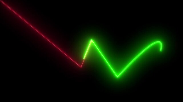 Video footage of glowing Check mark neon icon. Looped Neon Lines abstract on black background. Futuristic laser background. Seamless loop.