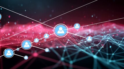 Abstract network with glowing circles, lines, and figure icons against a red and teal bokeh background - Powered by Adobe