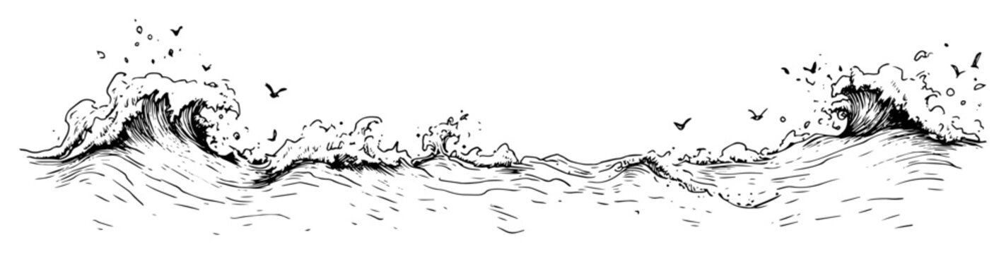 breaking sea waves with birds in ocean engraving style