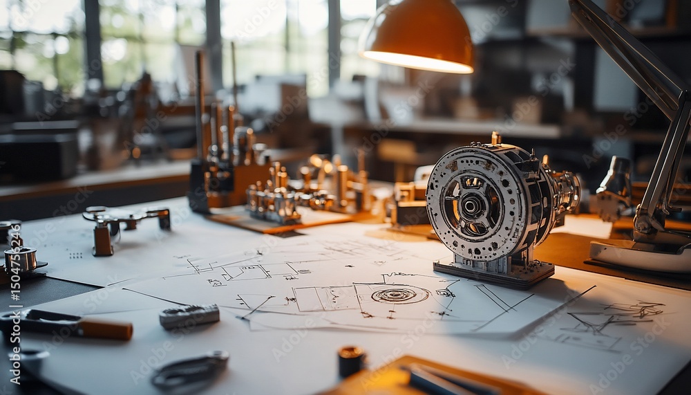 Poster intricate mechanical design and precision engineering showcased in detailed blueprint