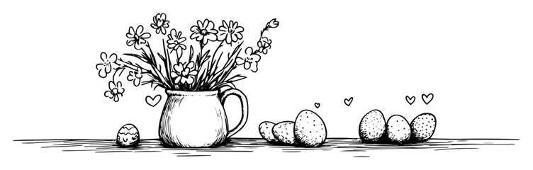 spring bouquet and easter eggs in engraved outline sketch style