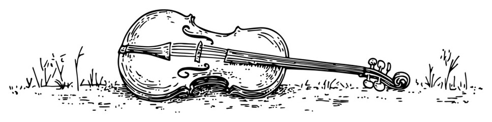 violin lying on grass in vintage outline sketch style © Kaz