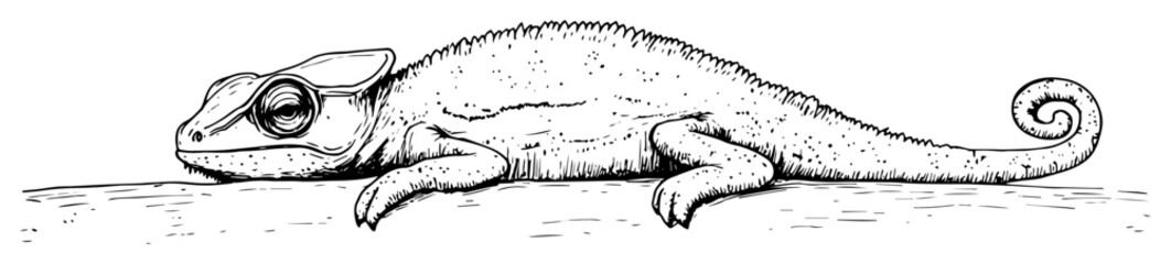 chameleon crawling in outline engraving sketch style