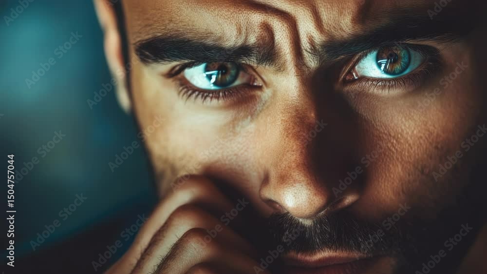 Poster a close-up shot of a man's face with bright blue eyes, perfect for use in various contexts