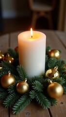 White lit candle with golden ornaments arranged as a decorative Christmas wreath. Holiday season celebration and traditional festive decor.