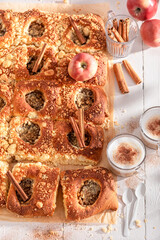 Homemade apple yeast cake made of cinnamon and fruits.