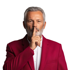 Confident mature businessman with gray hair and beard is gesturing silence while wearing a stylish red suit He is asking to be quiet and keep a secret in an isolated studio shot