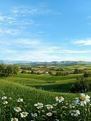 Obraz premium A peaceful countryside landscape with wildflowers, lush green fields, trees, and distant hills under a bright blue sky.
