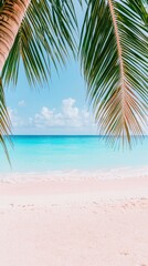 Obraz premium Serene tropical beach with turquoise water, white sand, and palm leaves framing a bright, sunny sky.