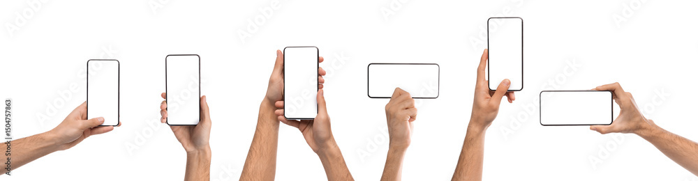 Poster set of male hands holding smartphone with blank screen in different orientation isolated on white ba
