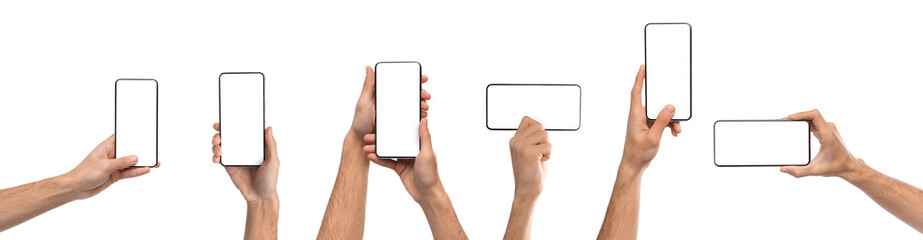 Set of male hands holding smartphone with blank screen in different orientation isolated on white...