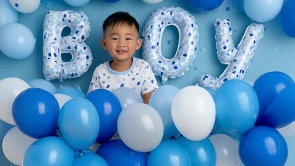 Smiling Asian boy celebrates with balloons spelling BOY in blue and white studio setting, adorable celebration for birthday - Powered by Adobe
