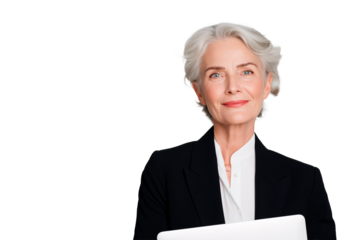 Confident mature businesswoman with silver hair is holding a laptop while isolated transparent background she is smiling slightly and exudes professionalism and experience