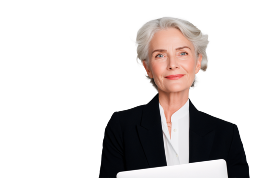 Confident mature businesswoman with silver hair is holding a laptop while isolated transparent background she is smiling slightly and exudes professionalism and experience
