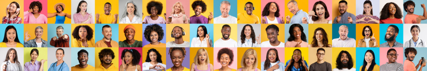 A vibrant collage showcases diverse individuals smiling and expressing joy. Each portrait...