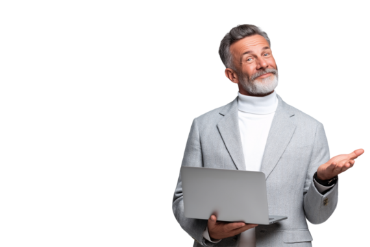 Senior businessman with gray hair and beard holding a laptop he is gesturing with his hand while looking up with a curious expression against a transparent background in a studio shot