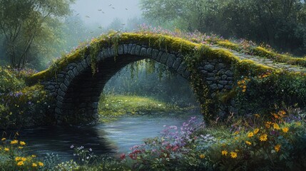 Fototapeta premium Fabled stone bridge, overgrown with vibrant wildflowers