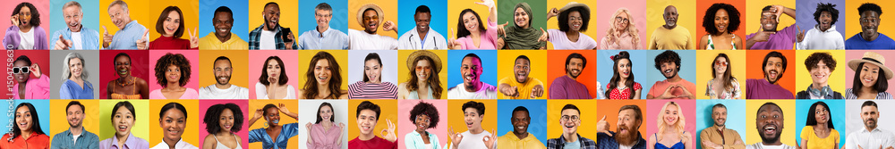 Poster a vibrant collage features a joyful collection of individuals, all smiling against colorful backgrou
