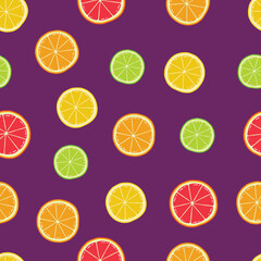 Obraz premium Seamless Hand Drawn Sliced Grapefruit Orange Lemon and Lime Pattern Design Purple Background