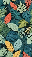 Naklejka premium Vibrant Tropical Leaves Seamless Pattern Lush Green, Teal, and Orange Foliage Design