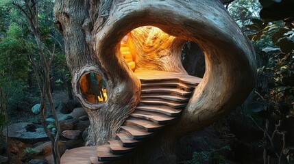 Wooden treehouse staircase