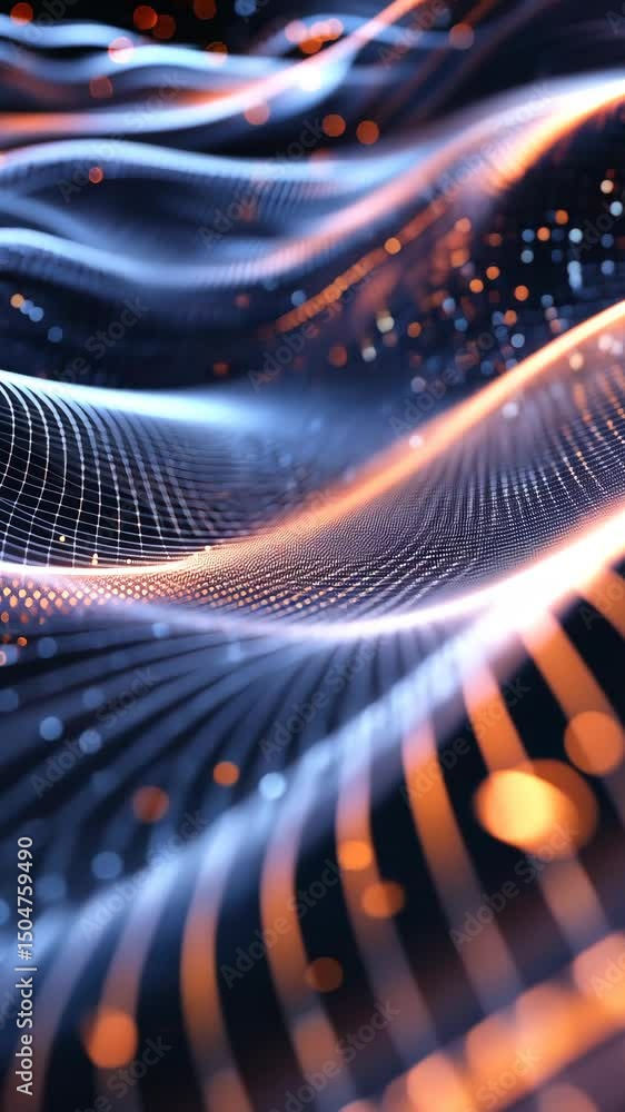Poster flowing metallic grids creating futuristic visuals, tech-inspired design. vertical