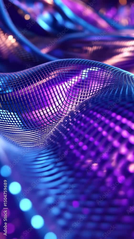 Poster flowing metallic grids creating futuristic visuals, dynamic abstract art. vertical