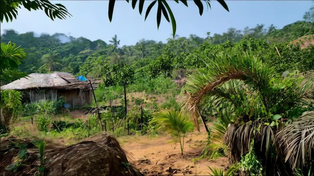 Mango fruit hangs from a tree branch in a tropical landscape, with green leaves and distant outbuildings visible in the background.